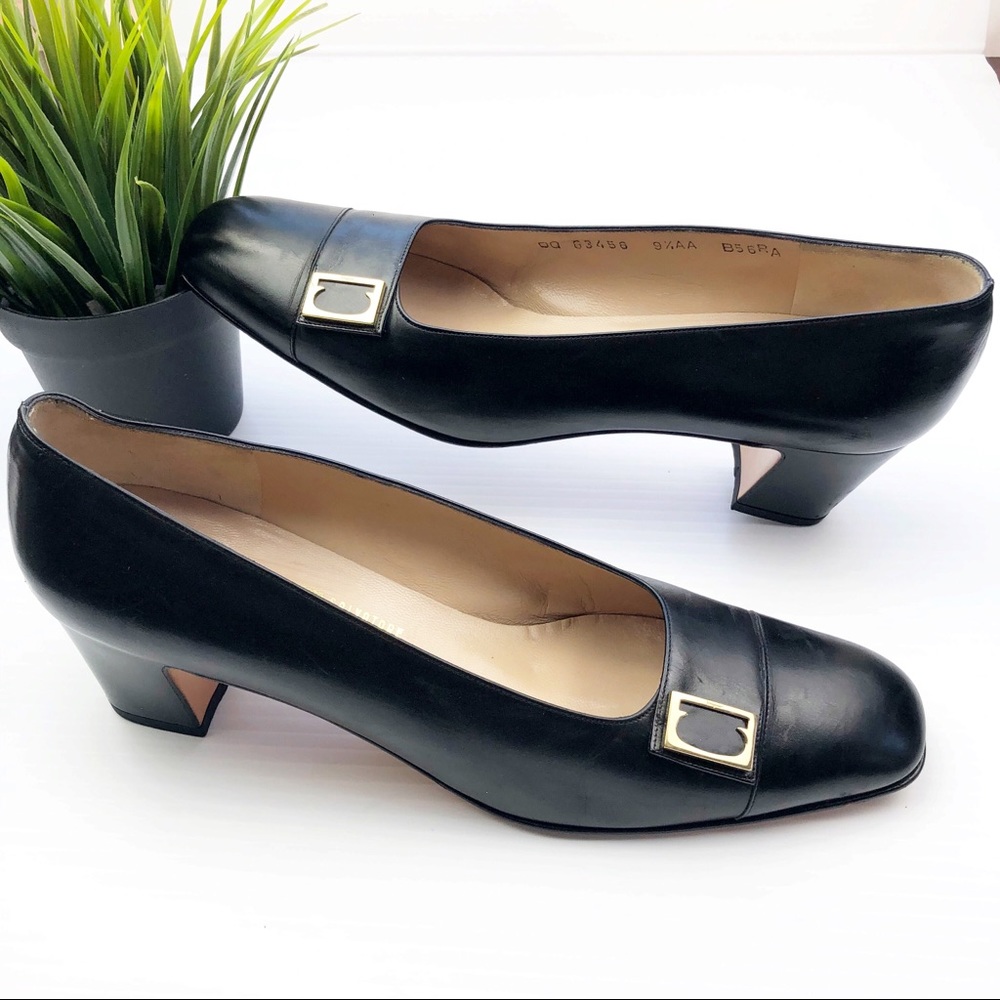 Salvatore Ferragamo black leather block heel pumps